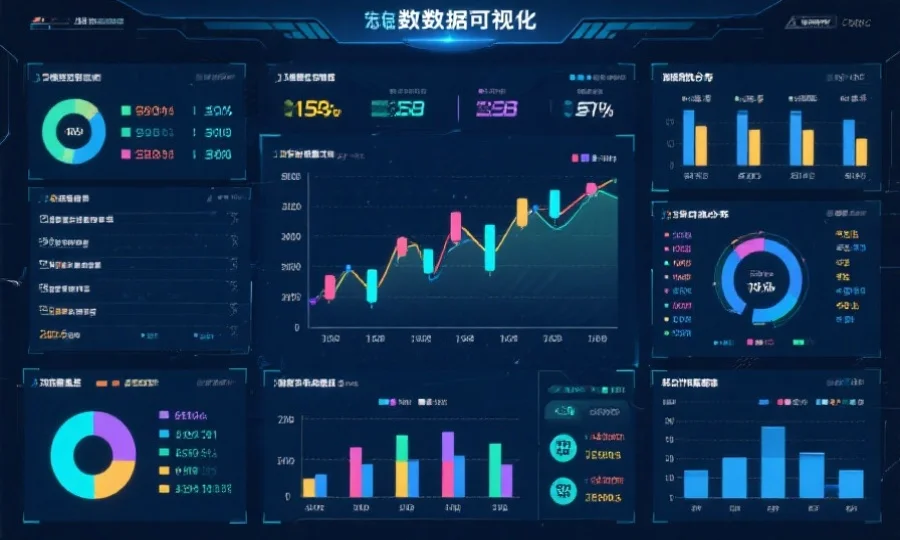 一张包含多种数据可视化图形的屏幕,显示着号码走势、冷热分布和统计报表,背景为现代科技风格